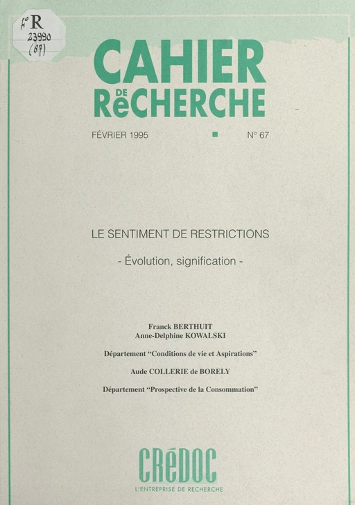 Le sentiment de restrictions - Franck Berthuit, Aude Collerie de Borely, Anne-Delphine Kowalski - FeniXX réédition numérique