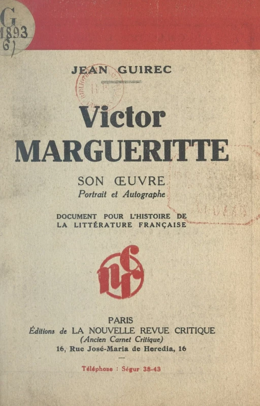 Victor Margueritte : son œuvre, portrait et autographe - Jean Guirec - FeniXX réédition numérique