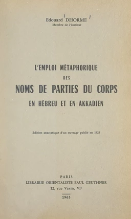 L'emploi métaphorique des noms de parties du corps en hébreu et en akkadien