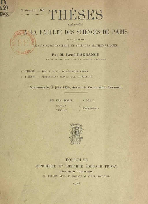 Sur le calcul différentiel absolu - René Lagrange - FeniXX réédition numérique