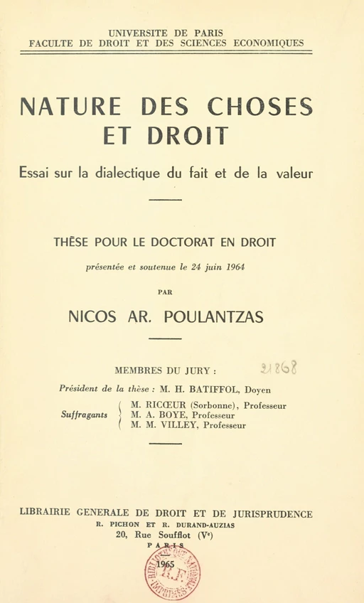 Nature des choses et droit : essai sur la dialectique du fait et de la valeur - Nicos Ar. Poulantzas - FeniXX réédition numérique