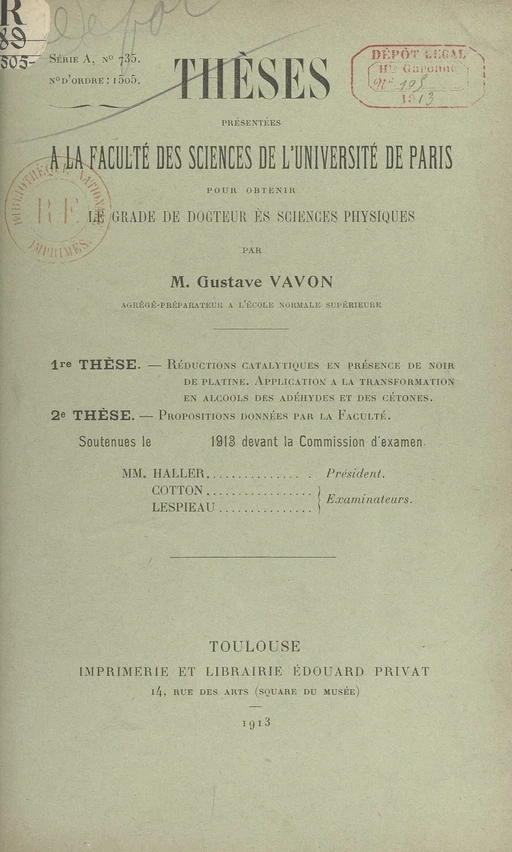 Réductions catalytiques en présence de noir de platine. Application à la transformation en alcools des aldéhydes et des cétones - Gustave Vavon - FeniXX réédition numérique