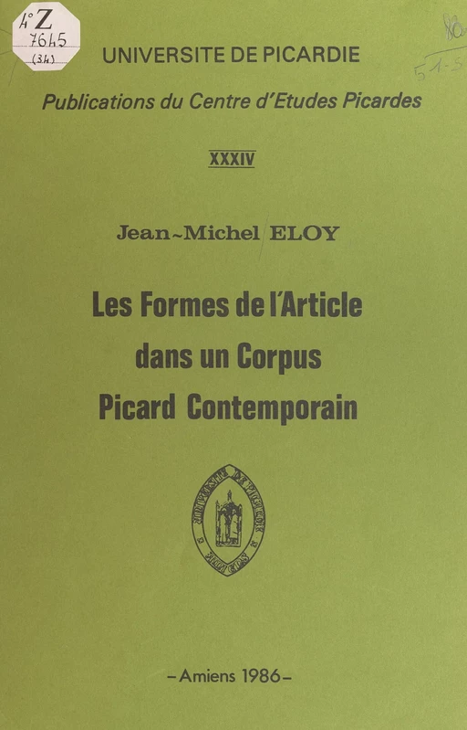 Les formes de l'article dans un corpus Picard contemporain - Jean-Michel Eloy - FeniXX réédition numérique