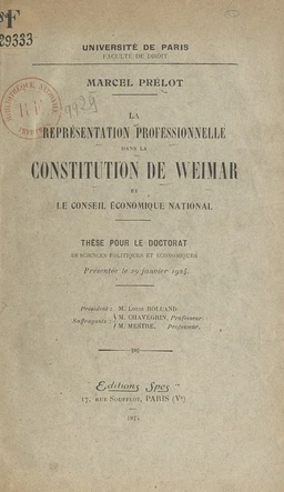 La représentation professionnelle dans la constitution de Weimar et le Conseil économique national