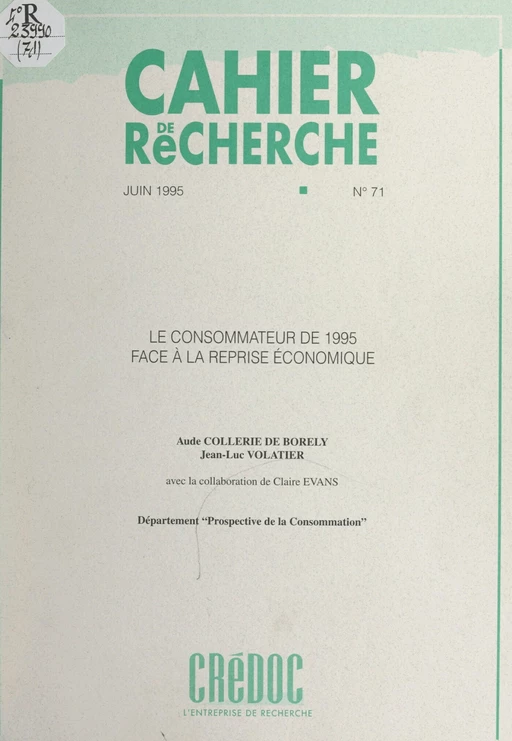 Le consommateur de 1995 face à la reprise économique - Aude Collerie de Borely, Claude Evans, Jean-Luc Volatier - FeniXX réédition numérique