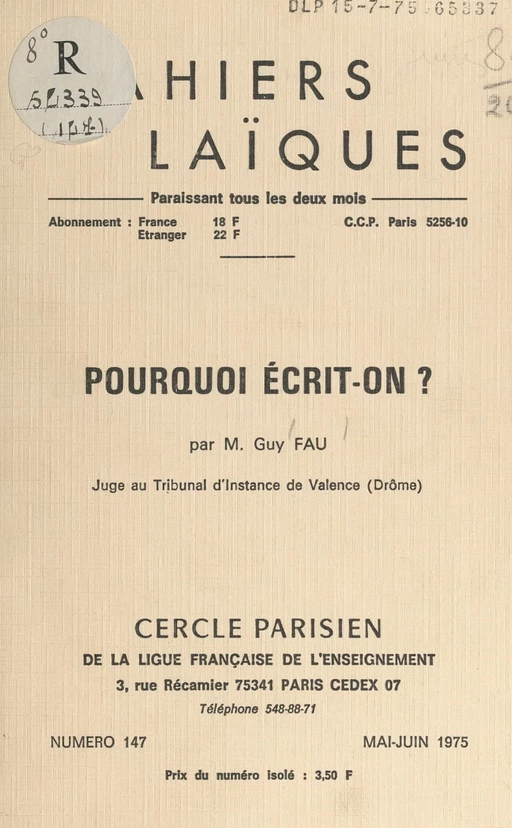 Pourquoi écrit-on ? - Guy Fau - FeniXX réédition numérique