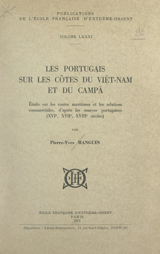 Les Portugais sur les côtes du Viêt-Nam et du Campā - Pierre-Yves Manguin - FeniXX réédition numérique