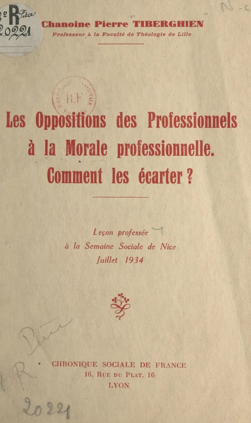 Les oppositions des professionnels à la morale professionnelle - Pierre Tiberghien - FeniXX réédition numérique