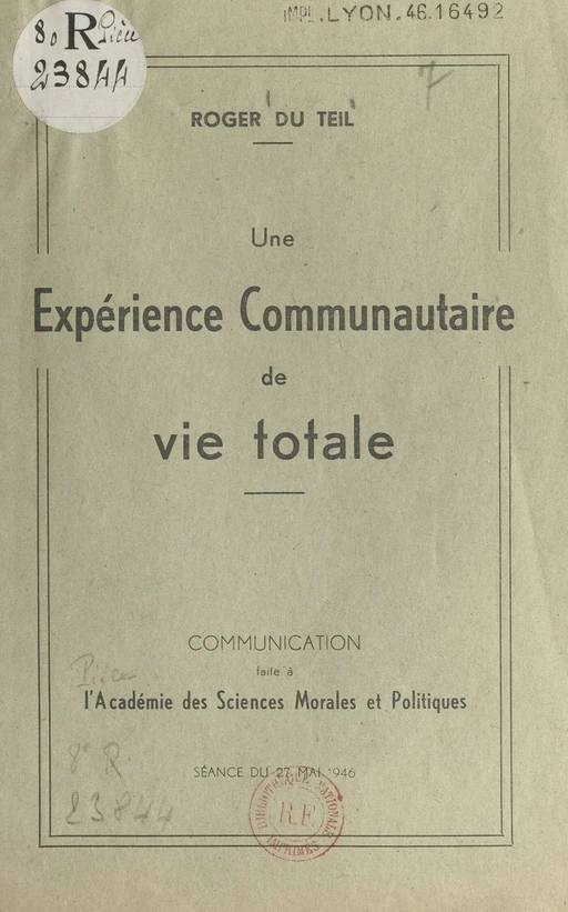 Une expérience communautaire de vie totale - Gustave Rouger - FeniXX réédition numérique