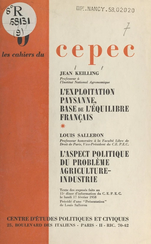 L'exploitation paysanne, base de l'équilibre français - Jean Keilling, Louis Salleron - FeniXX réédition numérique