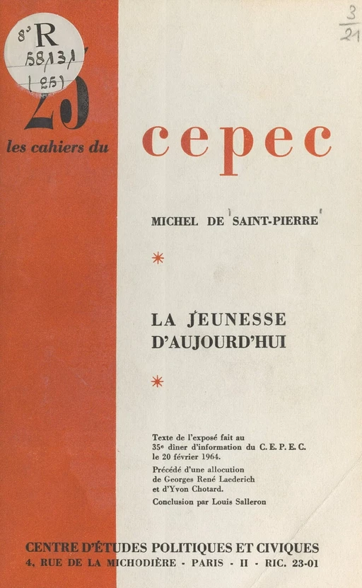 La jeunesse d'aujourd'hui - Michel de Saint-Pierre - FeniXX réédition numérique