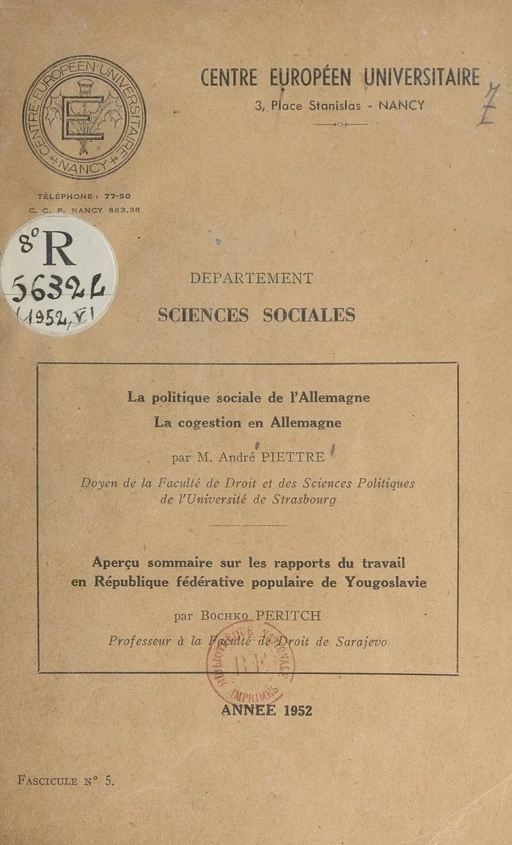 La politique sociale de l'Allemagne, la cogestion en Allemagne - Bochko Peritch, André Piettre - FeniXX réédition numérique