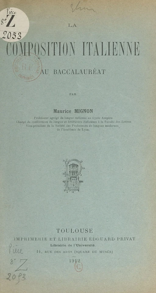 La composition italienne au Baccalauréat - Maurice Mignon - FeniXX réédition numérique