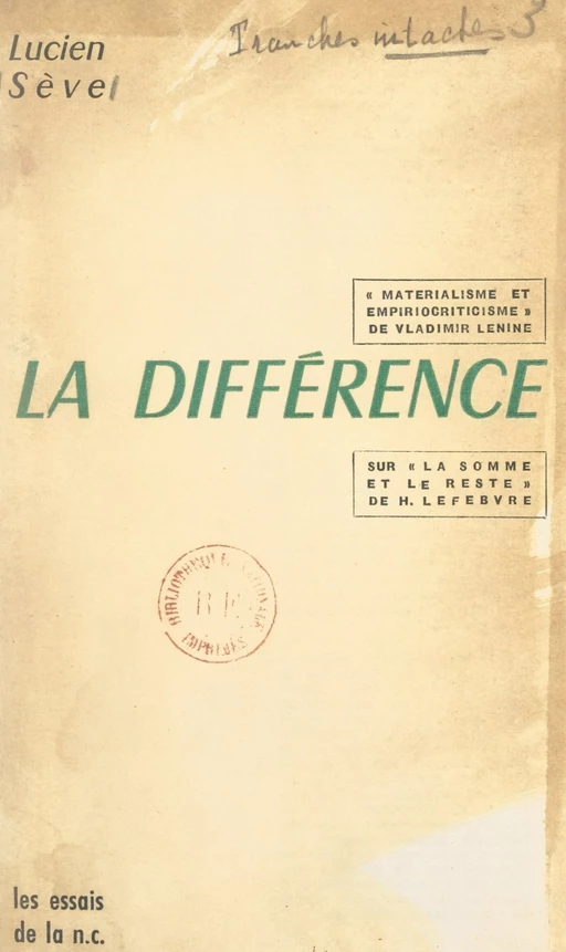 La différence - Lucien Sève - FeniXX réédition numérique