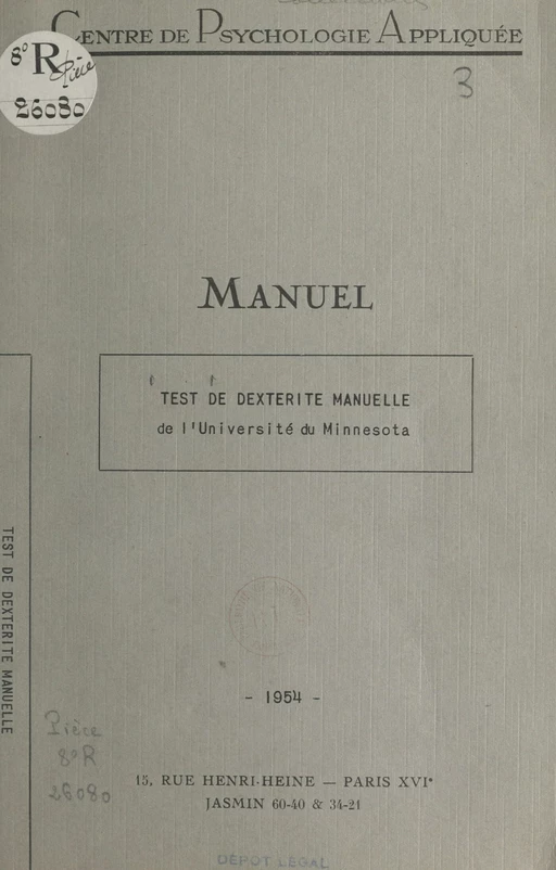 Test de dextérité manuelle de l'Université du Minnesota -  Centre de psychologie appliquée - FeniXX réédition numérique