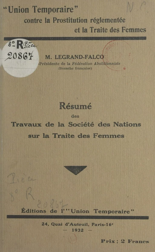 Résumé des travaux de la Société des nations sur la traite des femmes - Marcelle Legrand-Falco - FeniXX réédition numérique