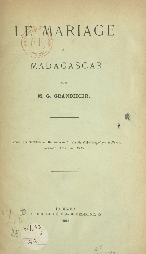 Le mariage à Madagascar - Guillaume Grandidier - FeniXX réédition numérique