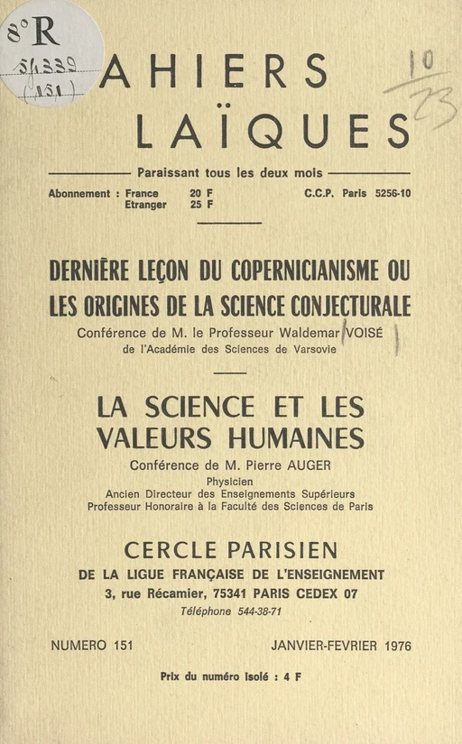 Dernière leçon du copernicianisme ou les origines de la science conjecturale - Pierre Auger, Waldemar Voisé - FeniXX réédition numérique