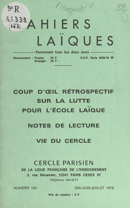 Coup d'œil rétrospectif sur la lutte pour l'école laïque - Georges Cogniot, Edmond Fournout - FeniXX réédition numérique