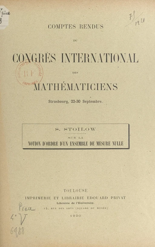 Sur la notion d'ordre d'un ensemble de mesure nulle - Simion Stoilow - FeniXX réédition numérique