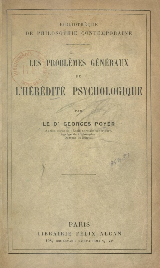 Les problèmes généraux de l'hérédité psychologique - Georges Poyer - FeniXX réédition numérique