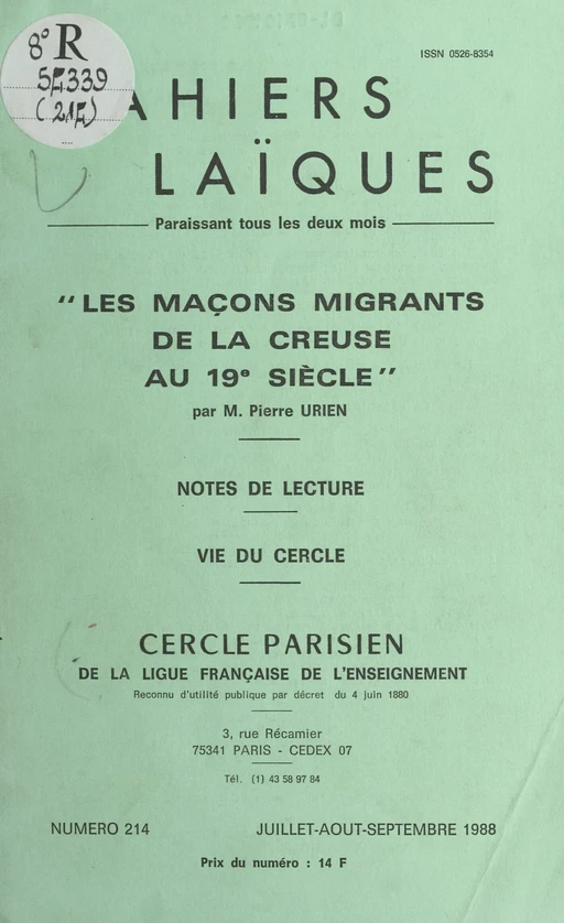 Les maçons migrants de la Creuse au 19e siècle - Pierre Urien - FeniXX réédition numérique