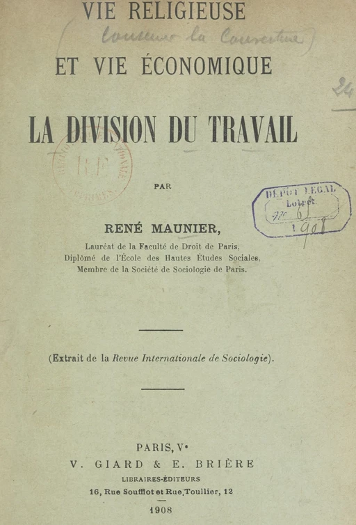 Vie religieuse et vie économique. La division du travail - René Maunier - FeniXX réédition numérique