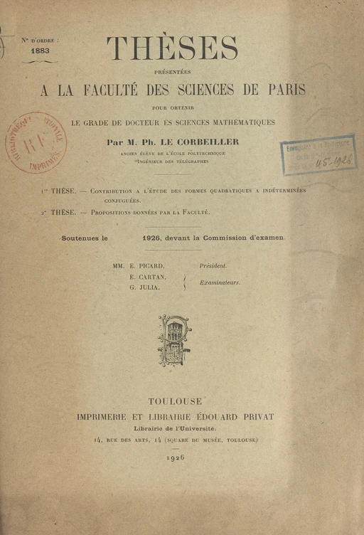 Contribution à l'étude des formes quadratiques à indéterminées conjuguées - Ph. Le Corbeiller - FeniXX réédition numérique