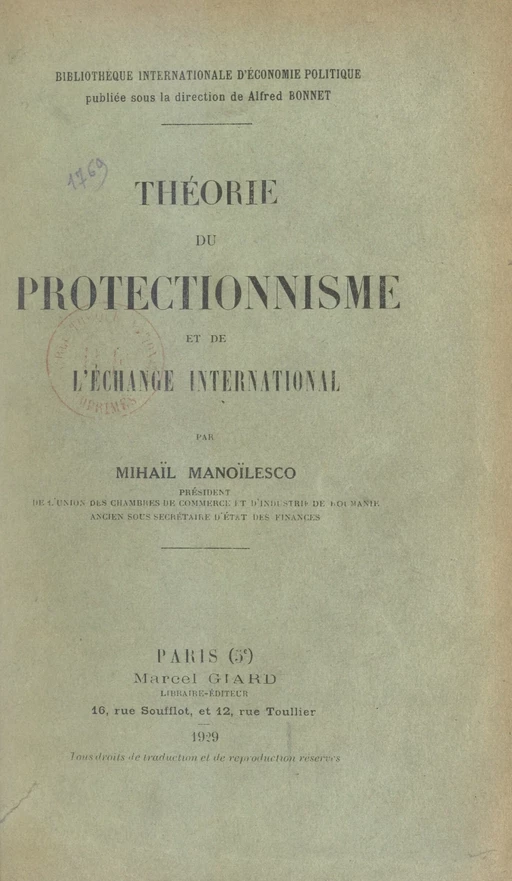 Théorie du protectionnisme et de l'échange international - Mihaïl Manoïlesco - FeniXX réédition numérique