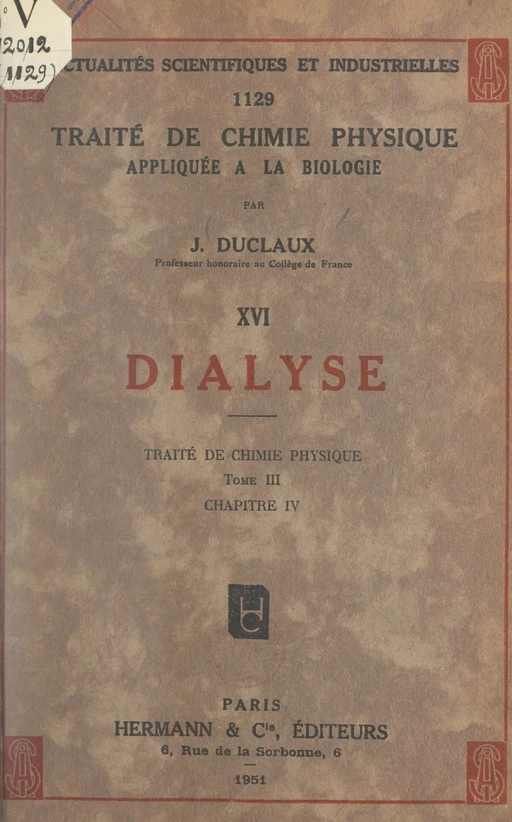 Dialyse. Traité de chimie physique (tome III, chapitre IV) - Jacques Duclaux - FeniXX réédition numérique