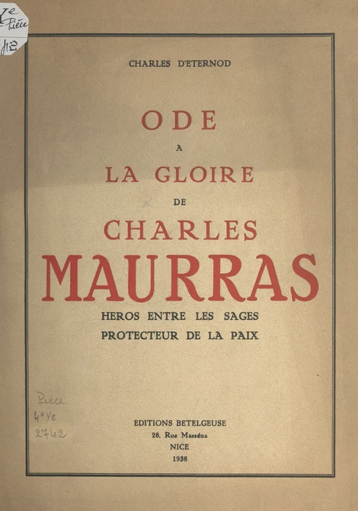 Ode à la gloire de Charles Maurras - Charles d'Eternod - FeniXX réédition numérique