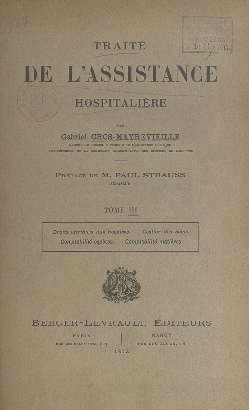 Traité de l'assistance hospitalière (3) - Gabriel Cros-Mayrevieille - FeniXX réédition numérique