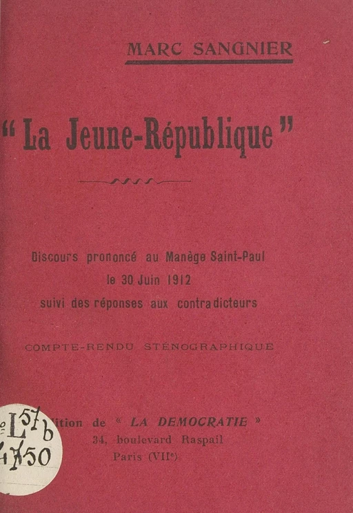 La Jeune-République - Marc Sangnier - FeniXX réédition numérique