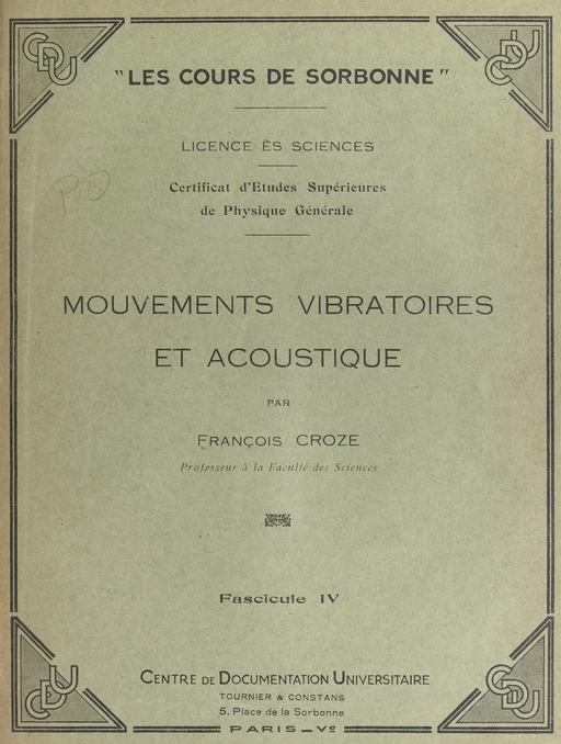 Mouvements vibratoires et acoustique (4) - François Croze - FeniXX réédition numérique