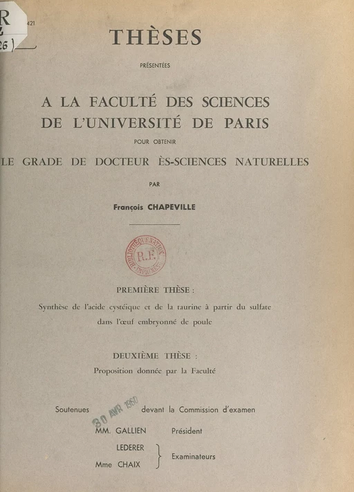 Synthèse de l'acide cystéique et de la taurine à partir du sulfate dans l'œuf embryonné de poule - François Chapeville - FeniXX réédition numérique