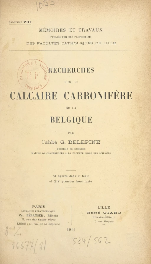 Recherches sur le calcaire carbonifère de la Belgique - Gaston Delépine - FeniXX réédition numérique