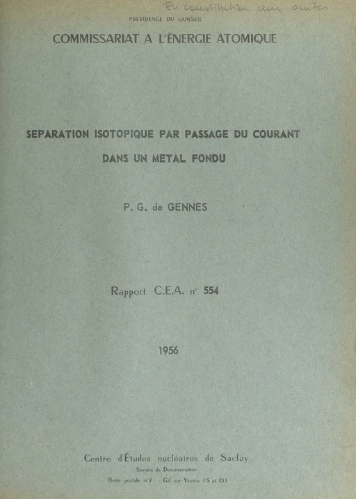 Séparation isotopique par passage du courant dans un métal fondu - Pierre-Gilles de Gennes - FeniXX réédition numérique