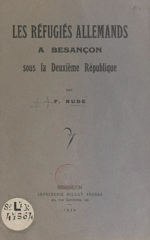 Les réfugiés allemands à Besançon sous la Deuxième République - Fernand Rude - FeniXX réédition numérique