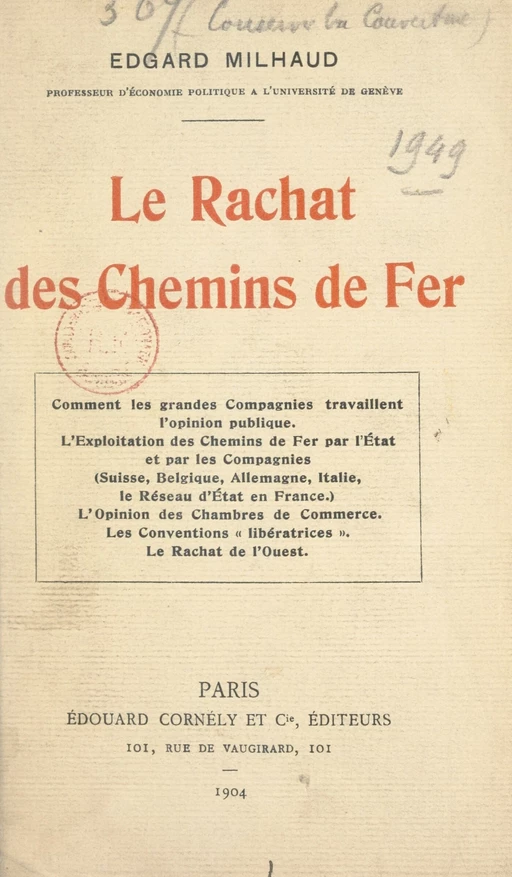 Le rachat des chemins de fer - Edgard Milhaud - FeniXX réédition numérique