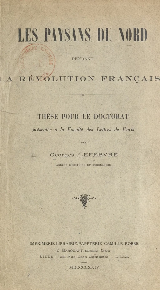 Les paysans du Nord pendant la Révolution française - Georges Lefebvre - FeniXX réédition numérique