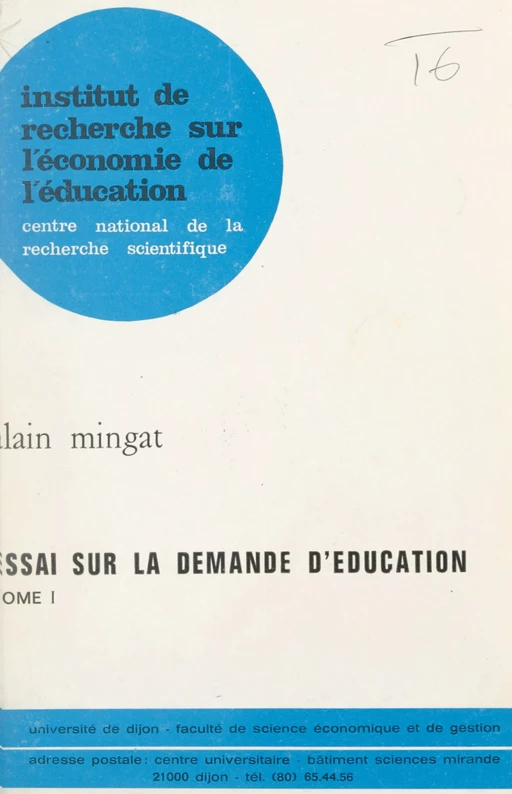 Essai sur la demande d'éducation (1) - Alain Mingat - FeniXX réédition numérique