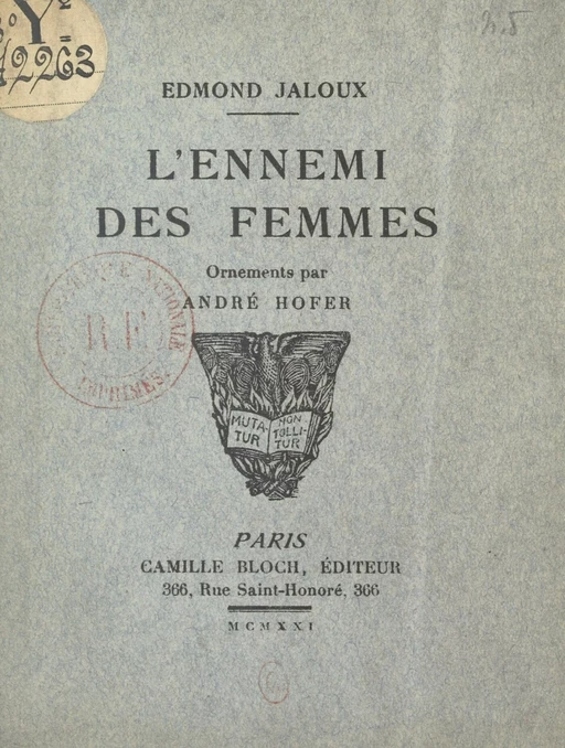 L'ennemi des femmes - Edmond Jaloux - FeniXX réédition numérique