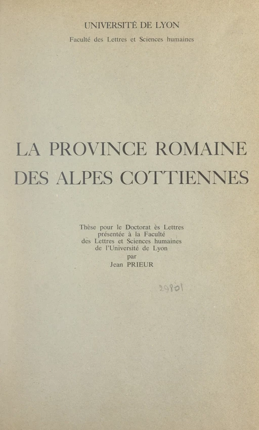 La province romaine des Alpes cottiennes - Jean Prieur - FeniXX réédition numérique