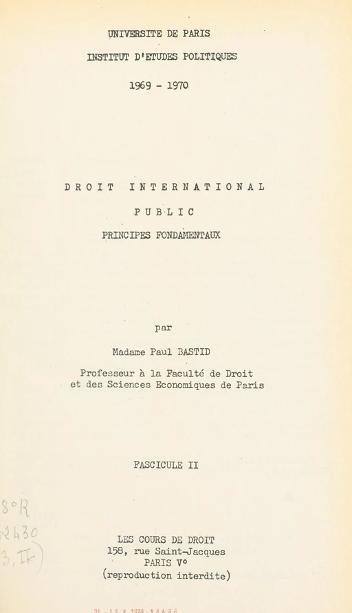 Droit international public : principes fondamentaux (2) - Suzanne Bastid - FeniXX réédition numérique