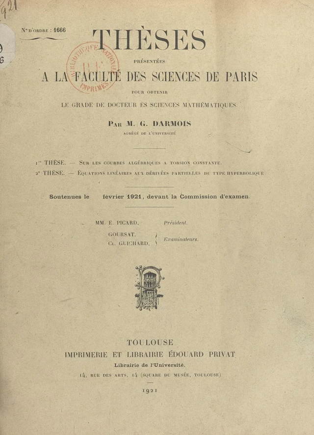 Sur les courbes algébriques à torsion constante - Georges Darmois - FeniXX réédition numérique