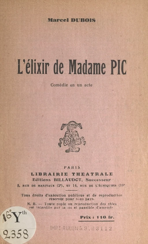 L'élixir de Madame Pic - Marcel Dubois - FeniXX réédition numérique