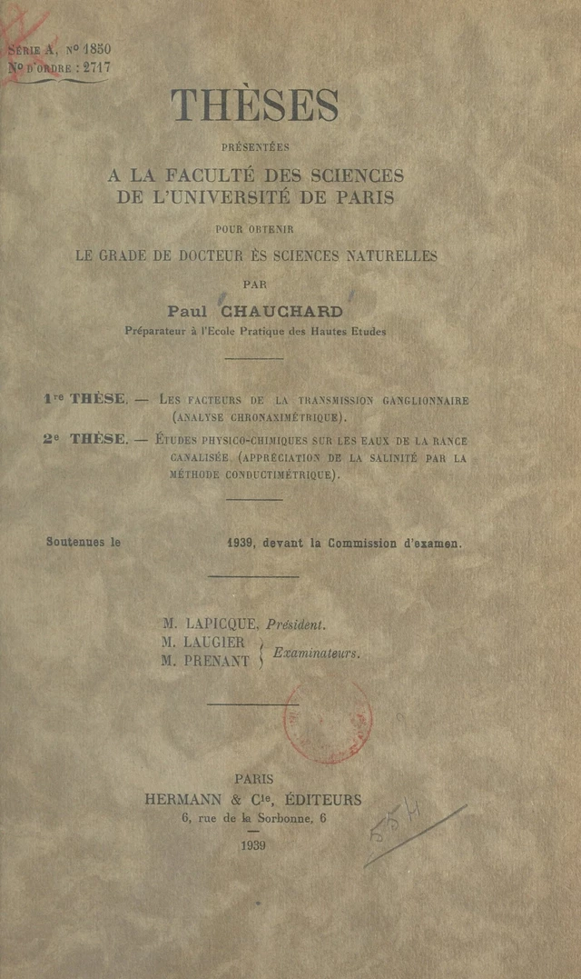 Les facteurs de la transmission ganglionnaire (analyse chronaximétrique) - Paul Chauchard - FeniXX réédition numérique