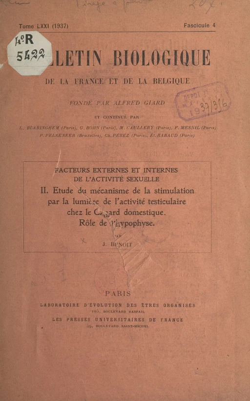 Facteurs externes et internes de l'activité sexuelle (2). Étude du mécanisme de la stimulation par la lumière de l'activité testiculaire chez le canard domestique, rôle de l'hypophyse - Jacques Benoit - FeniXX réédition numérique