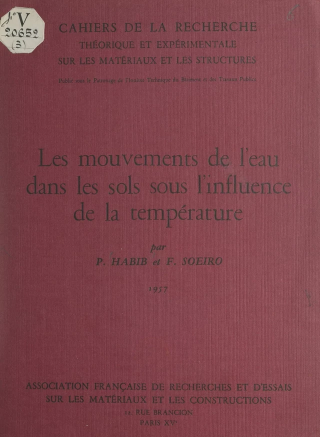 Les mouvements de l'eau dans les sols sous l'influence de la température - Pierre Habib, Fernando Soeiro - FeniXX réédition numérique