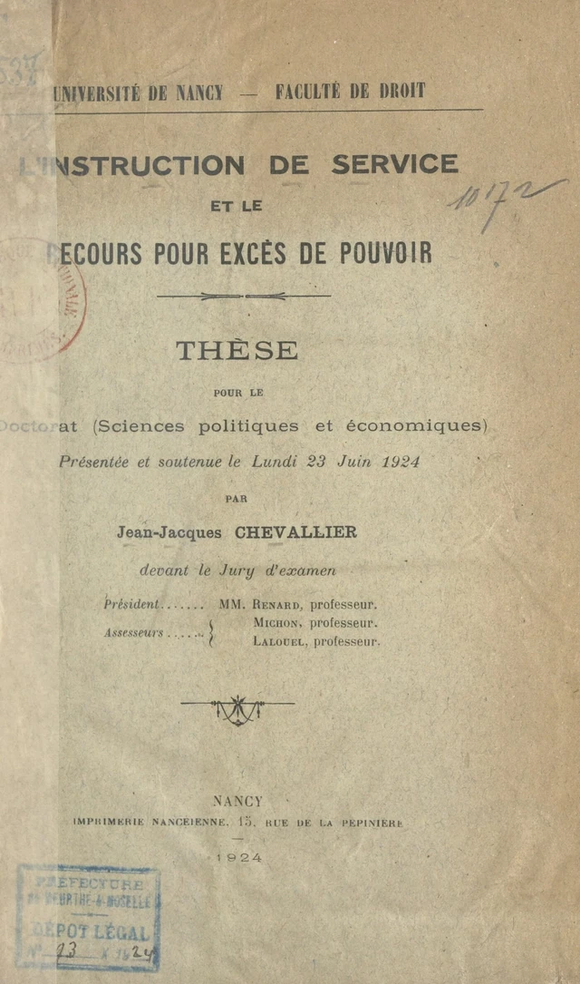 L'instruction de service et le recours pour excès de pouvoir - Jean-Jacques Chevallier - FeniXX réédition numérique